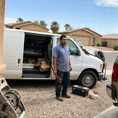 Licensed plumber standing beside a service van in an El Centro neighborhood
