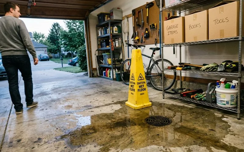 Backed-up floor drain in a garage with water pooling around it