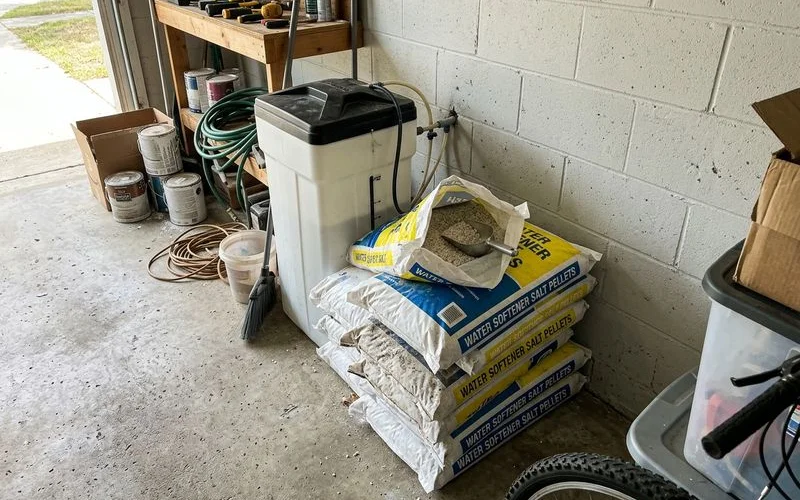 Bags of water softener salt pellets stacked next to a treatment system