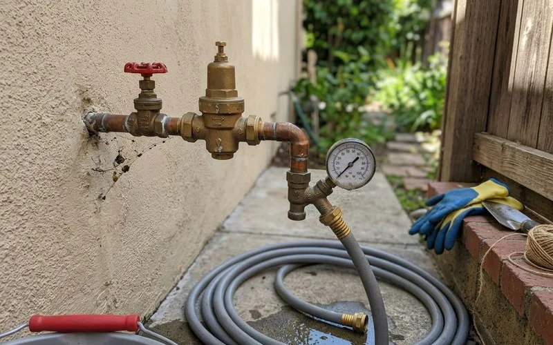 Brass pressure regulator mounted on a home supply line beside the main shutoff valve