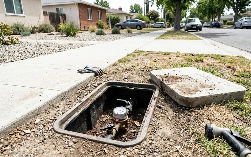 Caja del medidor de agua abierta junto a la banqueta con la llave de paso visible