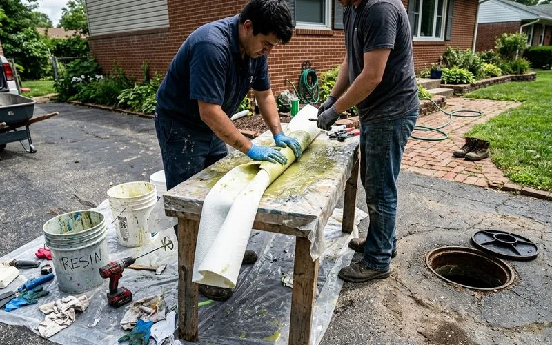 Cured-in-place liner material and resin being prepared beside a cleanout