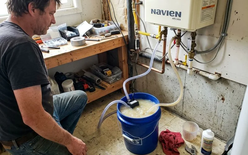 Descaling solution circulating through a bucket and pump beside a tankless unit