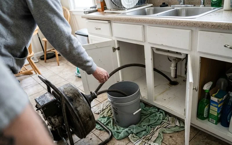 Drain cabling machine with cable feeding into a kitchen drain line
