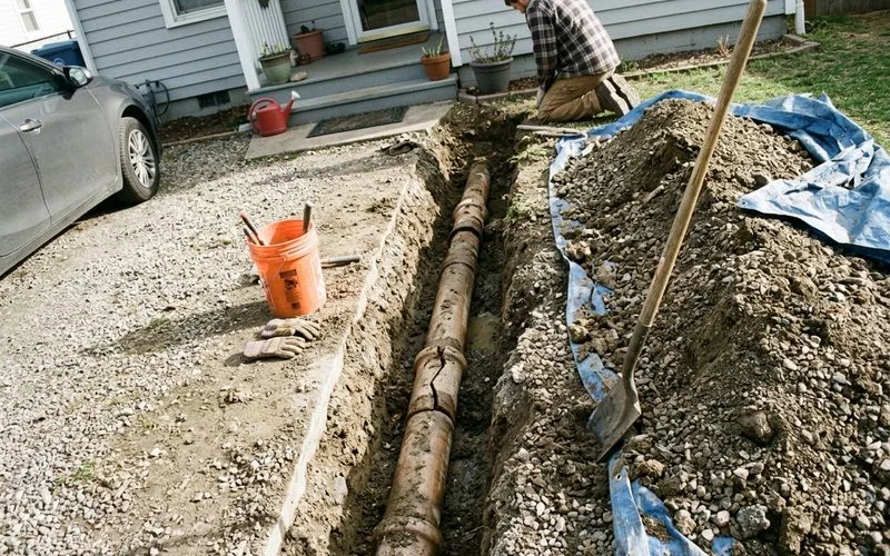 Excavated trench exposing an old clay sewer lateral with broken sections