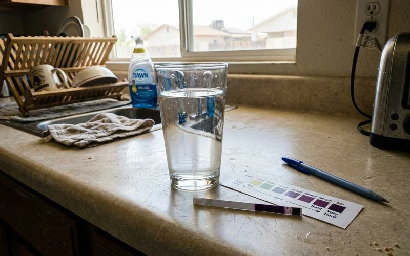Glass of tap water beside a hardness test strip and color chart on a kitchen counter