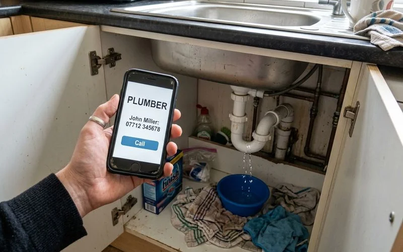 Hand holding a phone with a plumber's number, leaking kitchen sink in the background