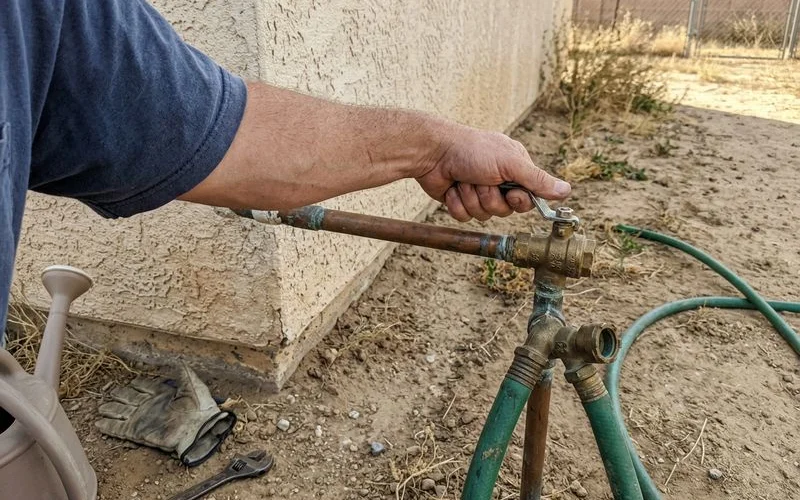 Hand operating a quarter-turn ball valve on a copper supply line
