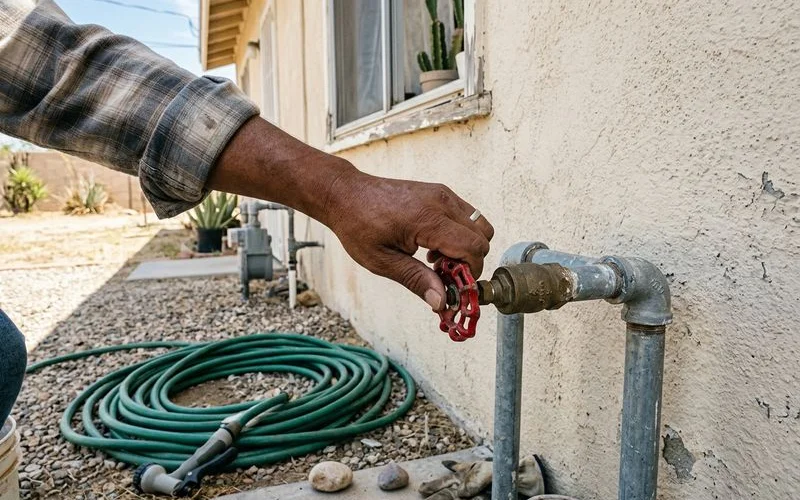 Mano cerrando la llave principal de agua en la pared exterior de una casa