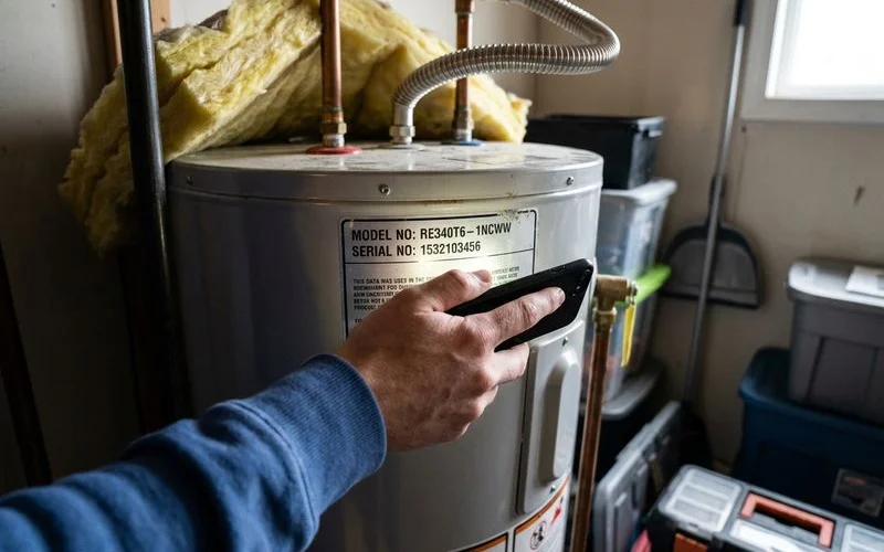 Manufacturer data plate on the side of a water heater being read