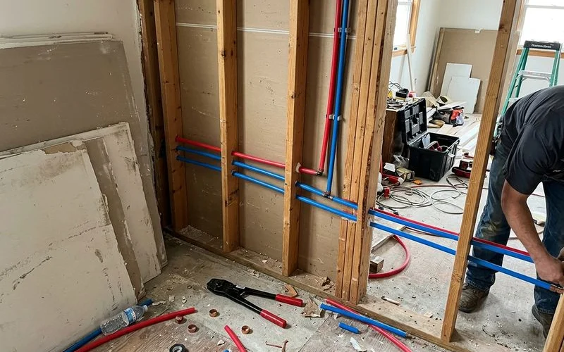 New red and blue PEX lines run through an open wall cavity during a repipe