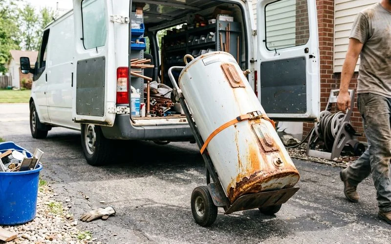 Old water heater on a hand truck with corrosion visible along the bottom seam