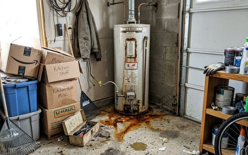Older water heater in a garage corner with corrosion and staining around the base