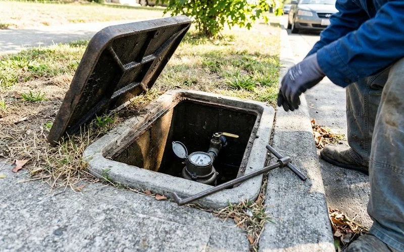 Open water meter box at the curb with the utility shutoff valve visible