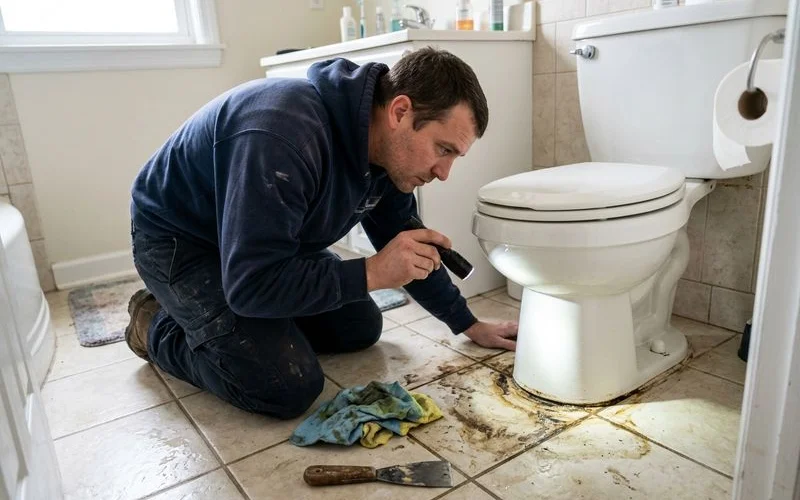 Plumber inspecting the base of a toilet for a failed wax seal