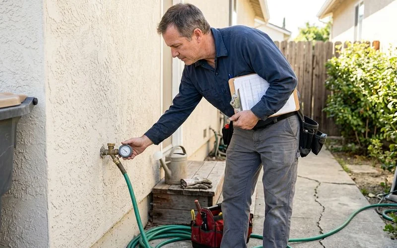 Plumber pressure testing a supply line with a gauge attached at a hose bib