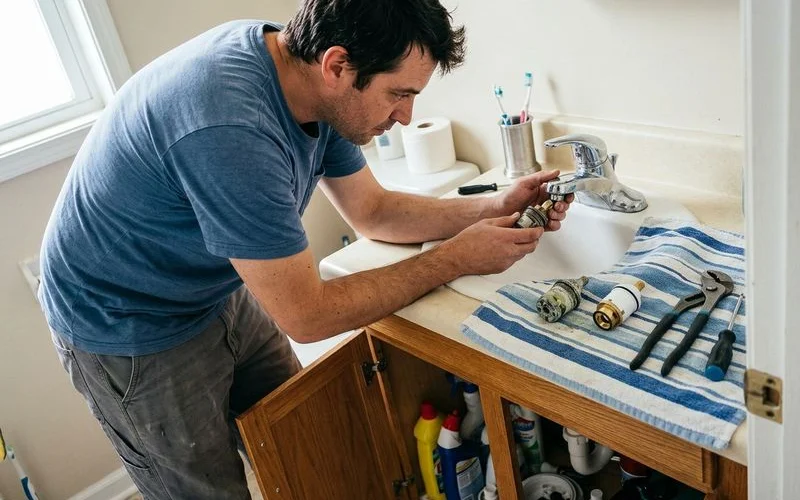 Plumber replacing a faucet cartridge at a bathroom sink