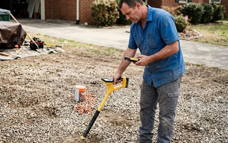 Plumber using a sonde locator over a gravel yard to mark a buried sewer line