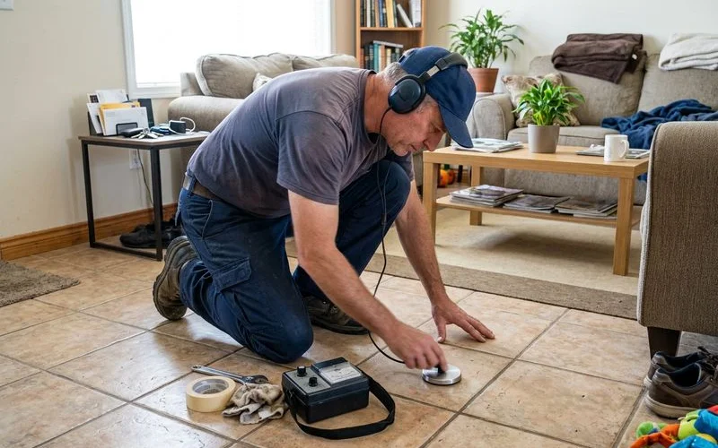 Plumber using acoustic leak detection equipment on a slab floor
