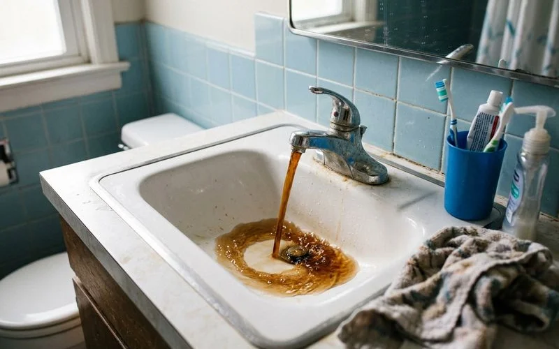 Rust-colored water filling a bathroom sink on the first draw of the morning