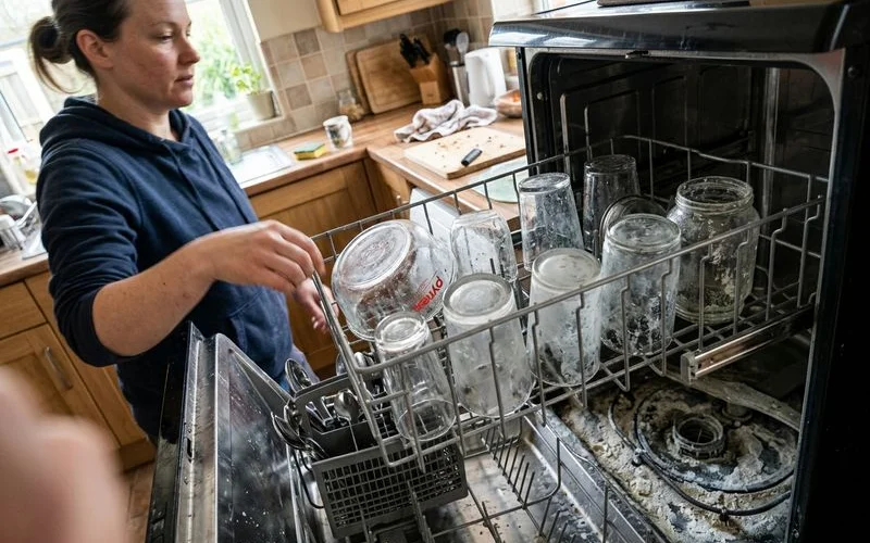 Scaled dishwasher heating element and cloudy glassware from a hard-water kitchen