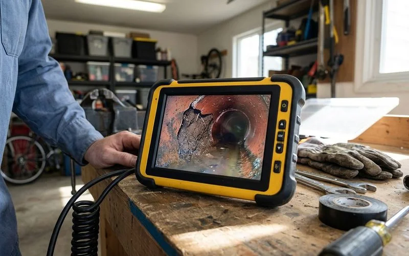 Camera feed showing a cracked clay sewer pipe interior with soil visible