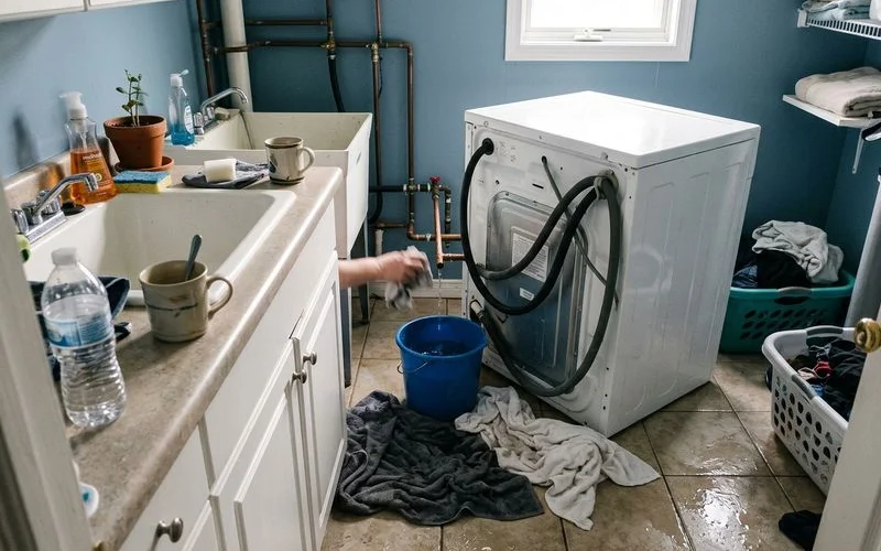 Towels and a bucket catching water under a burst pipe in a laundry room