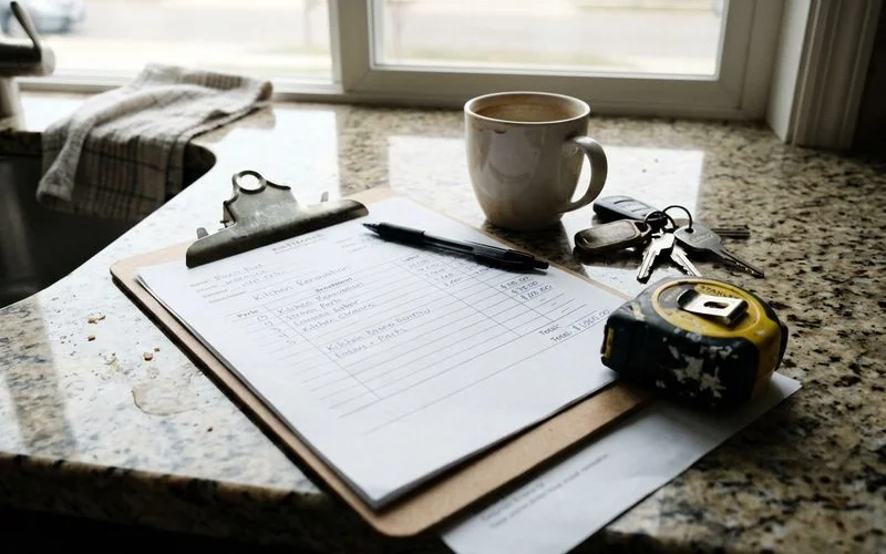 Written estimate on a clipboard resting on a kitchen counter beside a pen
