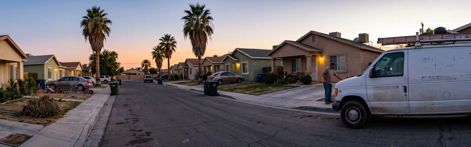 Evening view of an El Centro residential street with a plumbing service van parked at the curb
