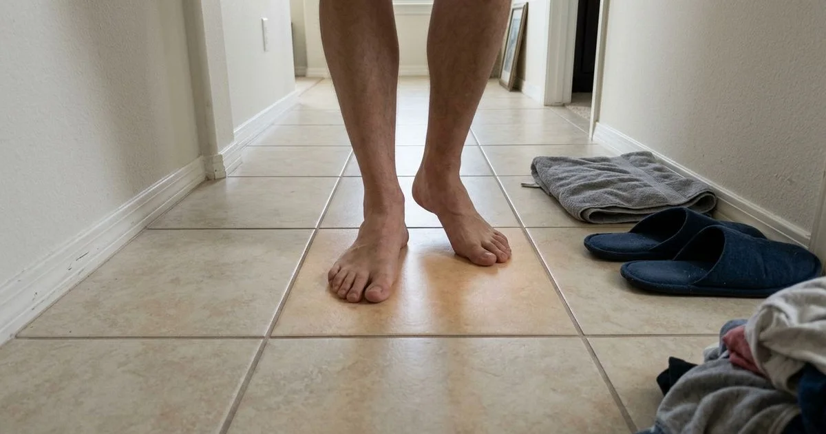 Bare feet on a tile floor feeling an unexplained warm patch in a hallway