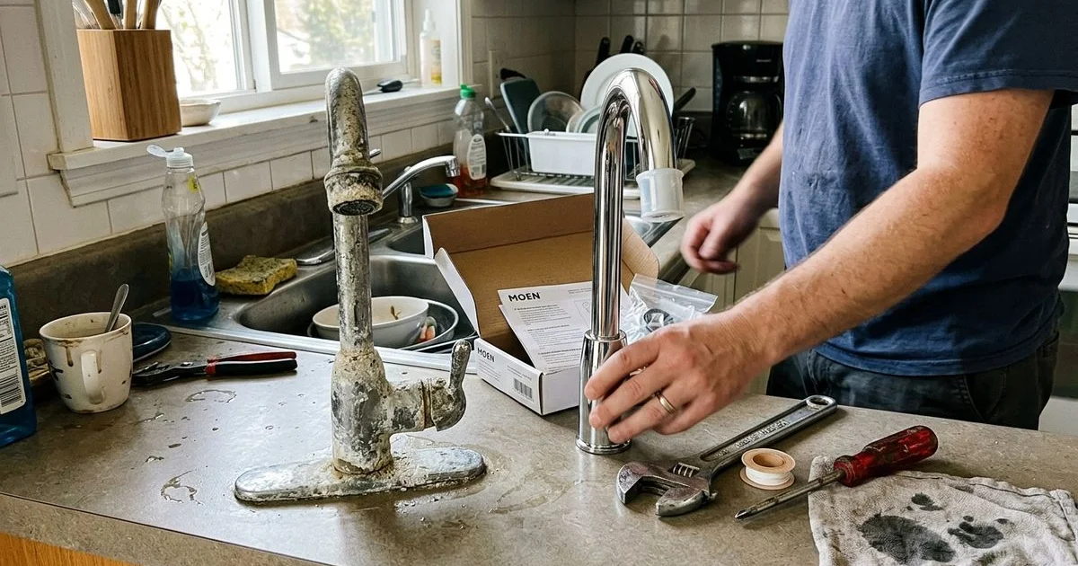 Clean modern faucet beside an old scaled faucet crusted with mineral deposits