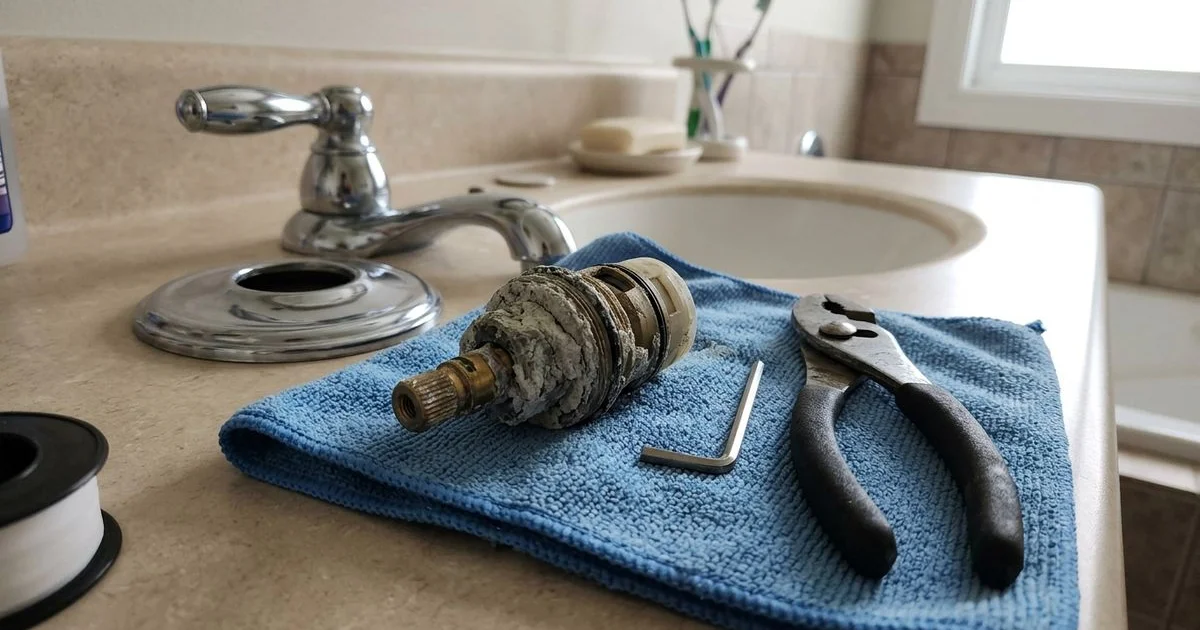 Disassembled faucet cartridge crusted with thick white mineral scale