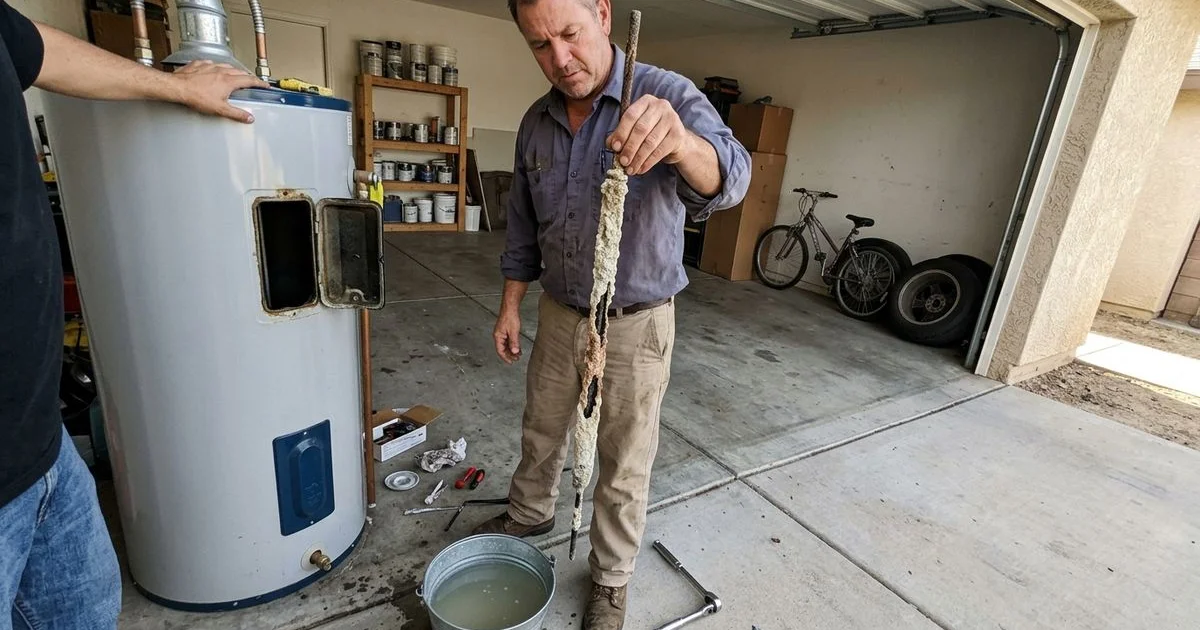 Heavily corroded anode rod pulled from a water heater, held by a plumber