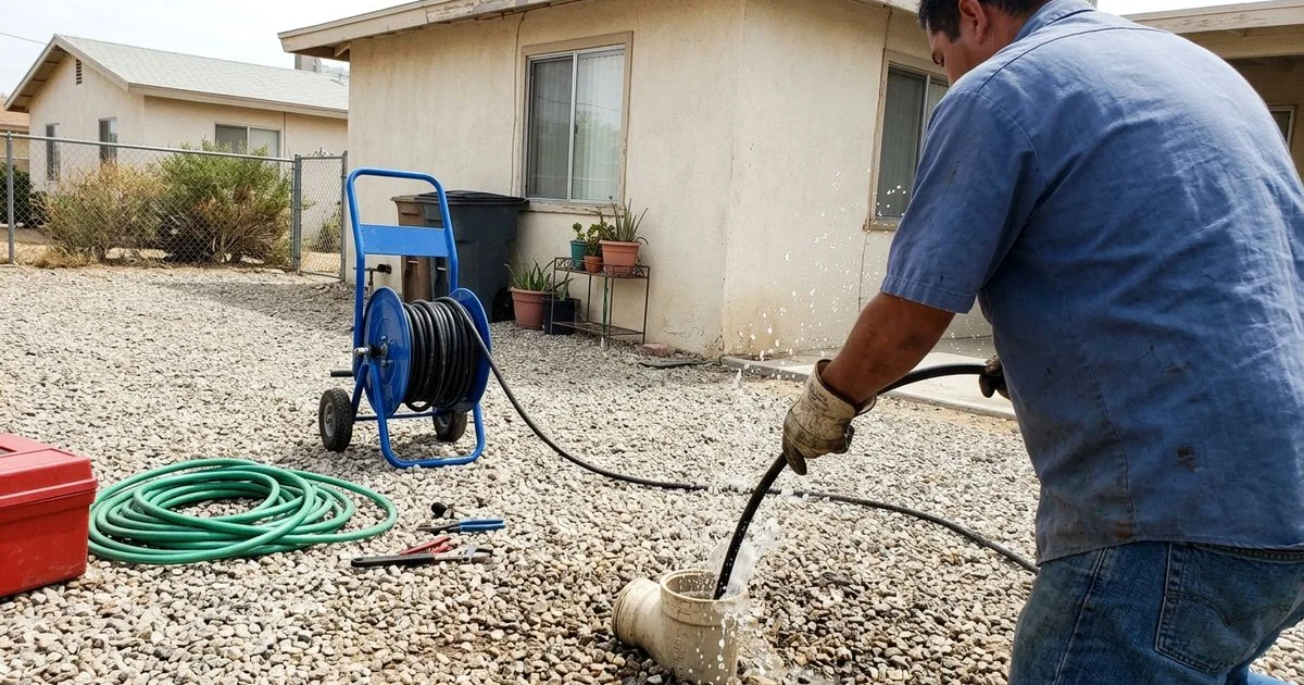 Hydro jetting hose feeding into a sewer cleanout with high-pressure water spray