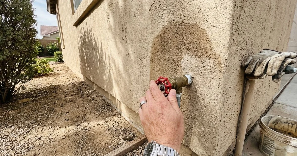 Mano cerrando la llave principal de agua en la pared de una casa
