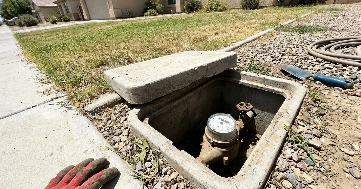 Open water meter box at the curb with the shutoff valve and meter dial visible