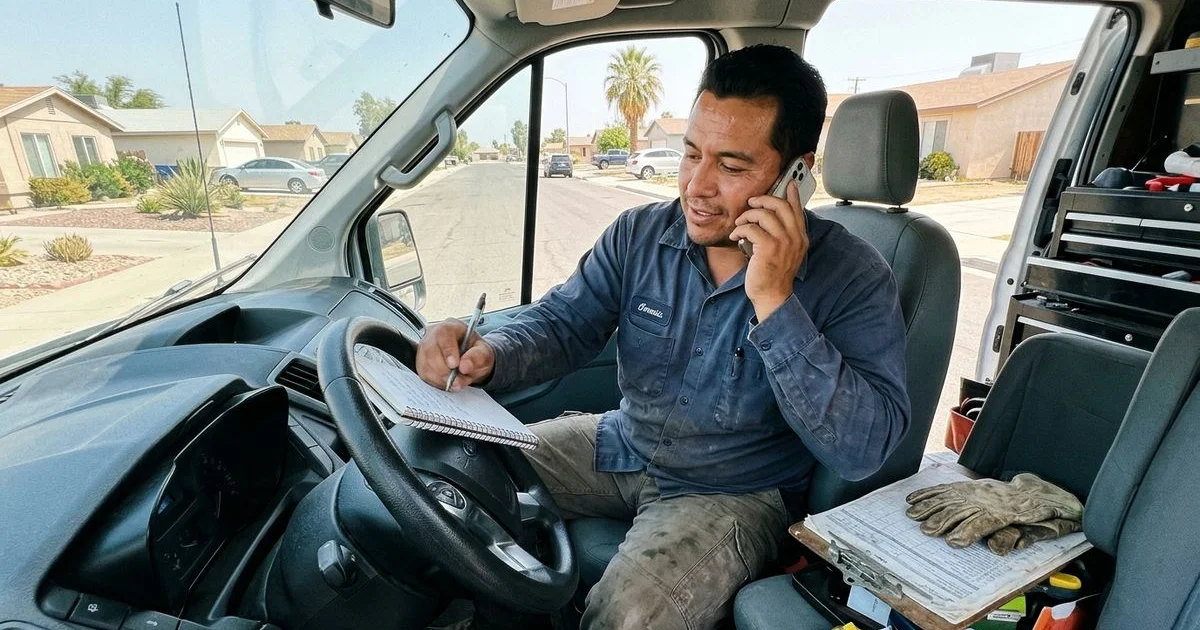Plomero contestando una llamada telefónica dentro de una camioneta de servicio en El Centro