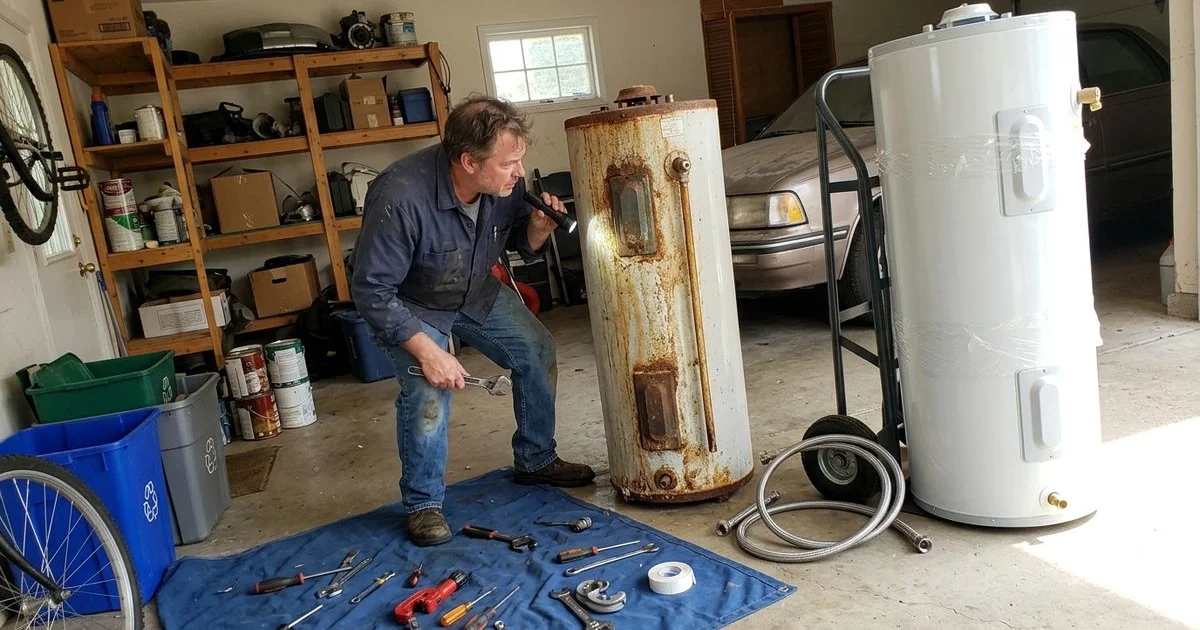 Plumber inspecting an old water heater beside a new replacement unit in a garage