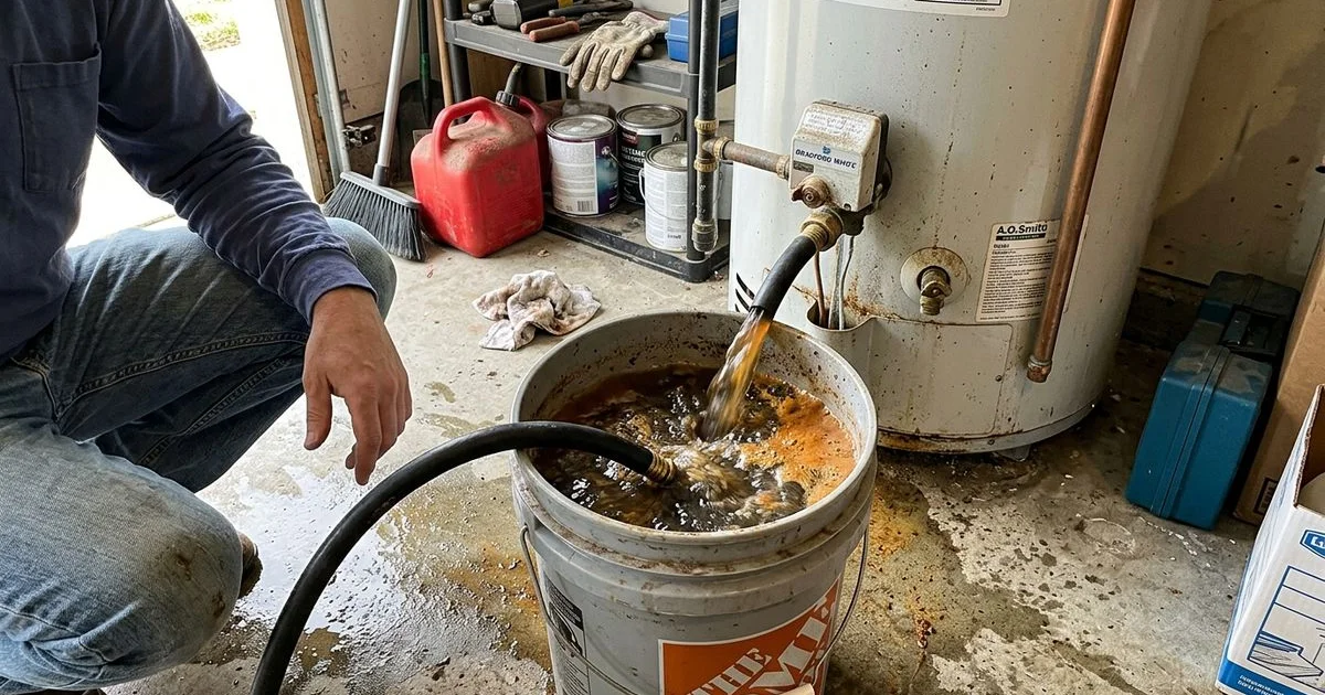 Rusty scale and sediment flushing out of a water heater tank into a bucket