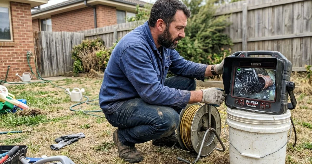 Sewer camera monitor showing a root-intruded pipe while a plumber watches