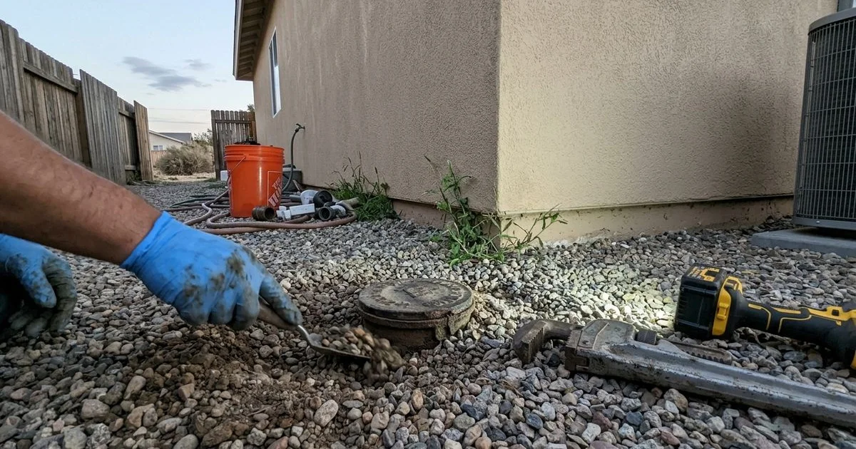 Sewer cleanout cap being located in a gravel side yard with work gloves on