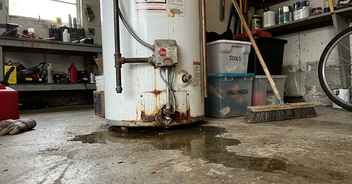 Small puddle of water at the base of an aging water heater on a garage floor