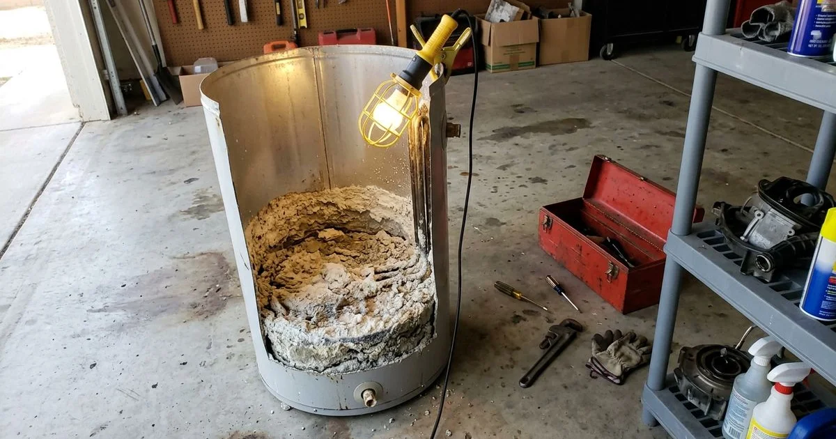 Thick white scale buildup inside a cutaway water heater tank on an El Centro garage floor