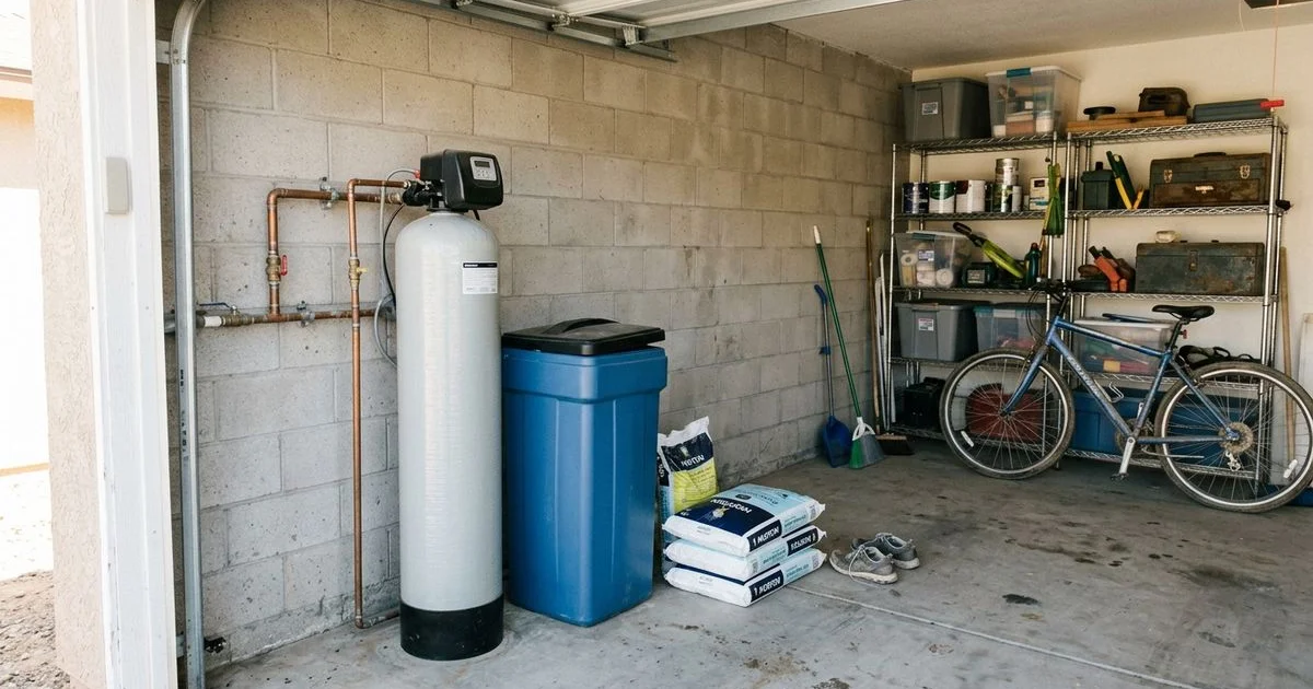Whole-home water softener installed beside the main supply line in a garage
