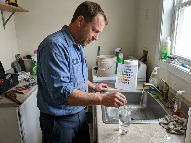 Plumber testing water hardness with a test strip at a utility sink