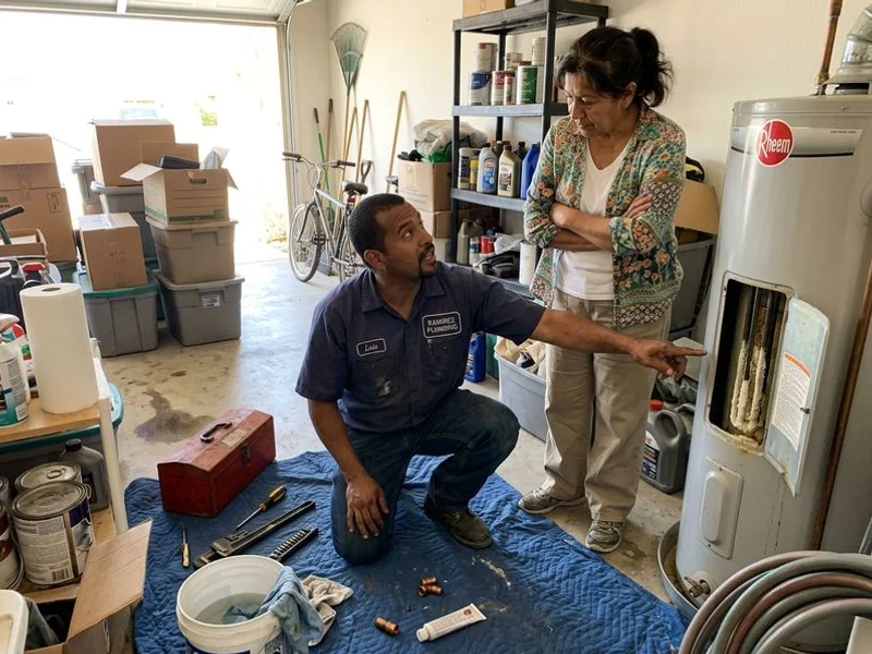 Plumber kneeling beside an open water heater in an Imperial Valley garage explaining scale buildup to a homeowner