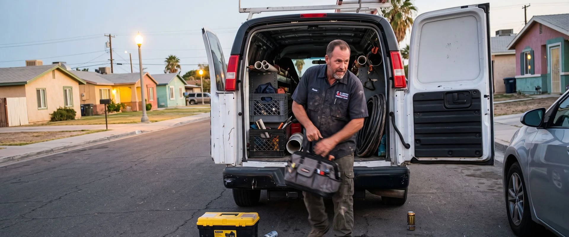 Plumber loading tools into a service van at dusk in El Centro