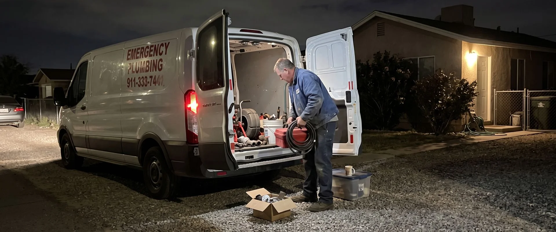 Plumber loading tools into a service van at dusk in El Centro