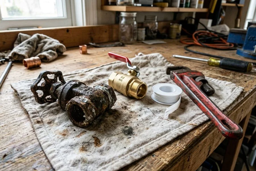 Corroded seized gate valve removed from a water main beside a new ball valve