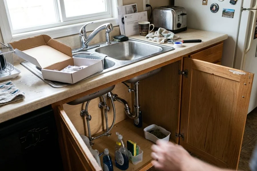 Finished kitchen faucet installation with clean supply lines under the sink